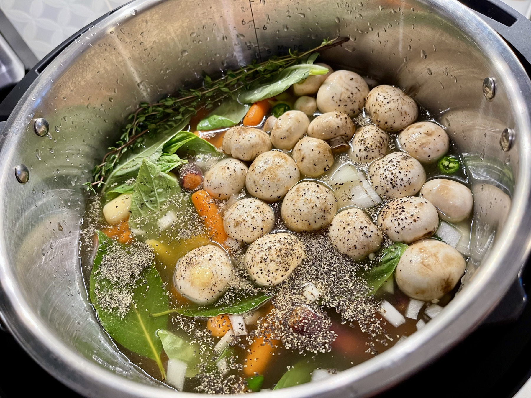 Photo of chicken soup ingredients in a pressure cooker